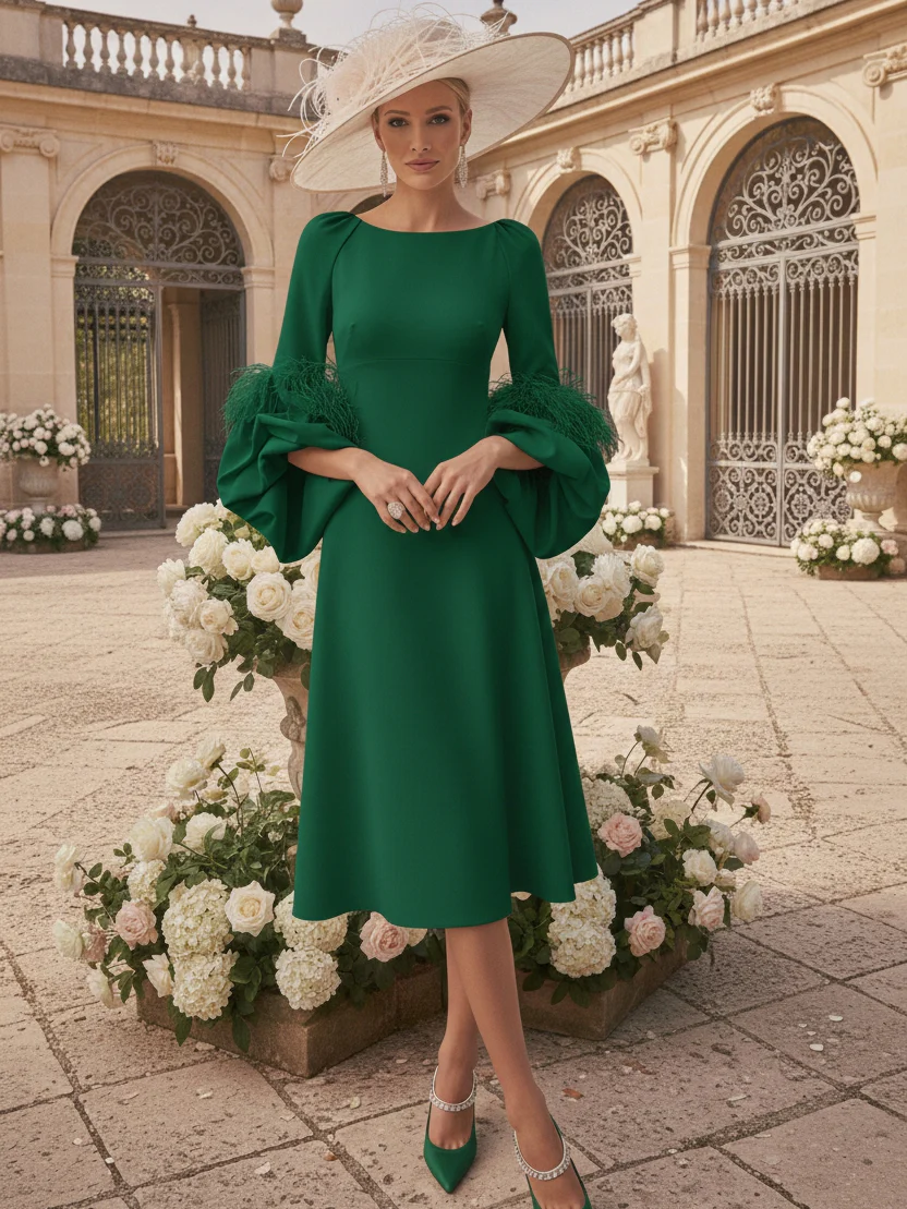 A-Line/Princess Scoop Mother of the Bride Dresses Stretch Satin Tea-Length Long Sleeves with feathers - Image 5