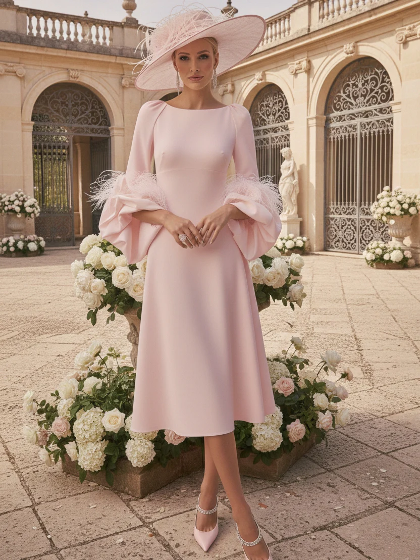 A-Line/Princess Scoop Mother of the Bride Dresses Stretch Satin Tea-Length Long Sleeves with feathers - Image 7