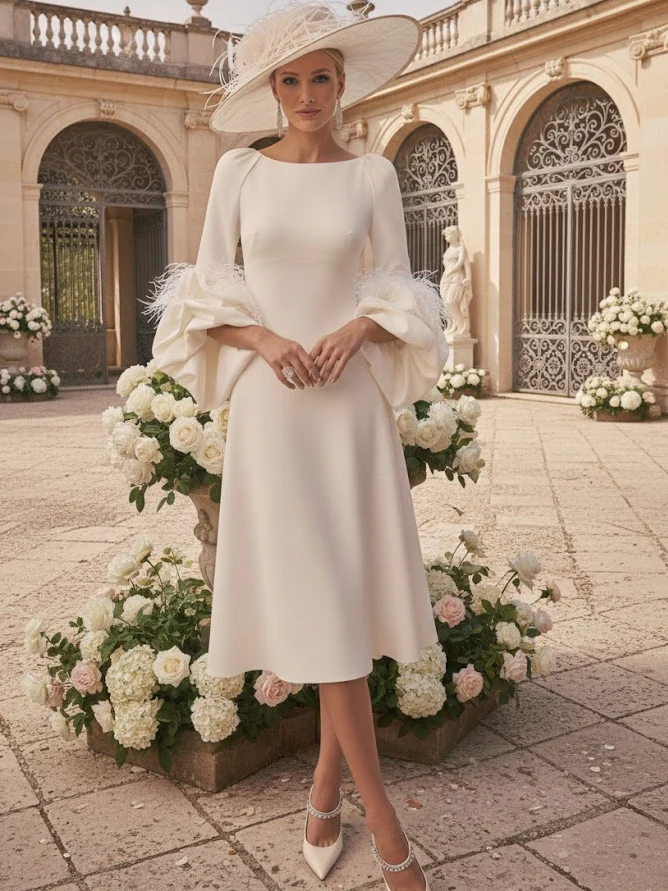 A-Line/Princess Scoop Mother of the Bride Dresses Stretch Satin Tea-Length Long Sleeves with feathers - Image 9