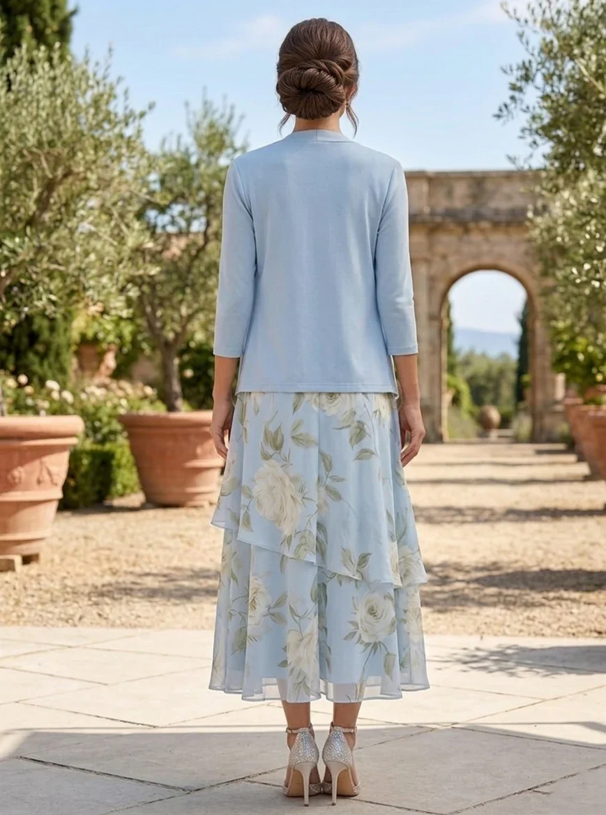 A-Line/Princess Scoop Mother of the Bride Dresses with Jacket Chiffon Floral Tea-Length 3/4 Sleeves Ruffles - Image 2