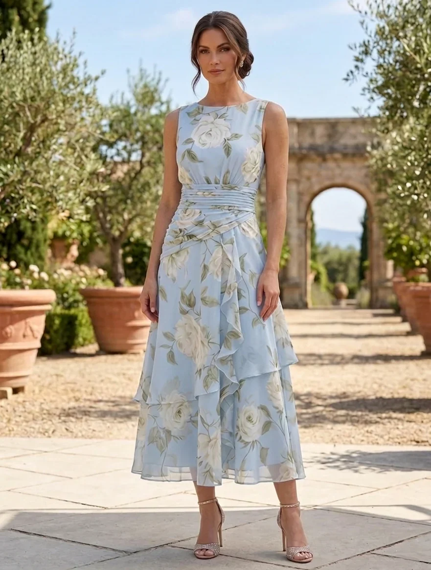 A-Line/Princess Scoop Mother of the Bride Dresses with Jacket Chiffon Floral Tea-Length 3/4 Sleeves Ruffles - Image 3