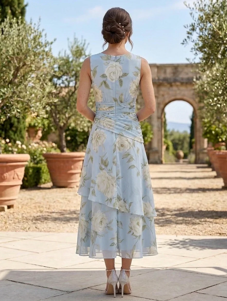 A-Line/Princess Scoop Mother of the Bride Dresses with Jacket Chiffon Floral Tea-Length 3/4 Sleeves Ruffles - Image 4