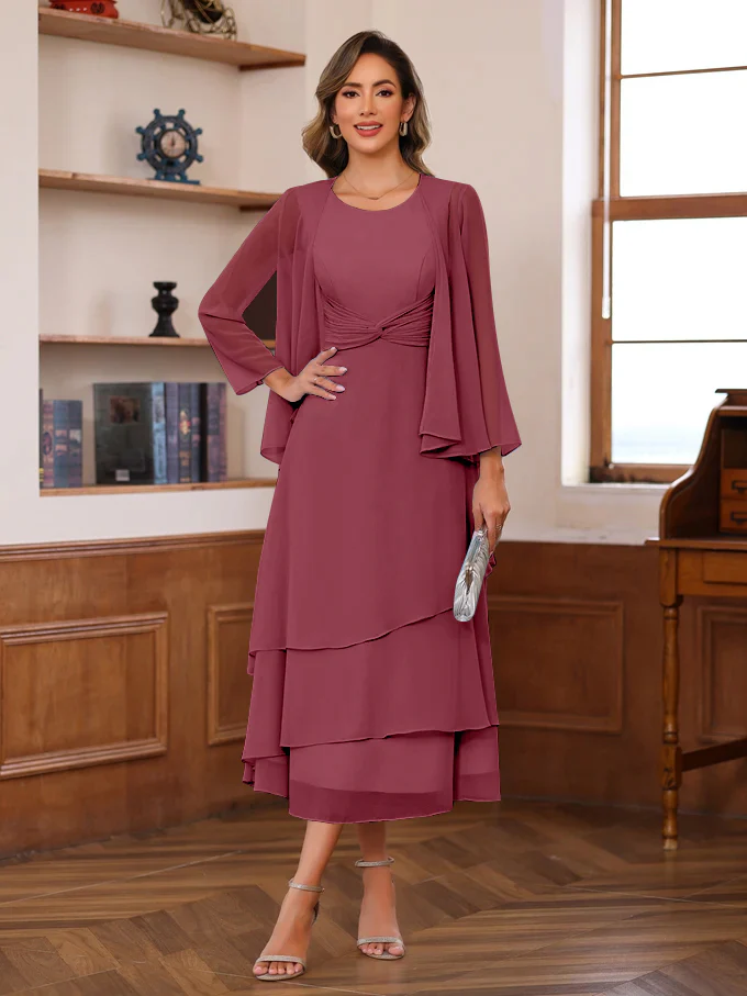 A-Line/Princess Scoop Neck 2 Pcs Tea-Length Plus Size Mother of the Bride Dresses with Ruffles & jacket - Image 15