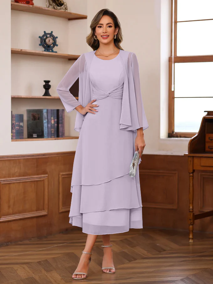 A-Line/Princess Scoop Neck 2 Pcs Tea-Length Plus Size Mother of the Bride Dresses with Ruffles & jacket - Image 20