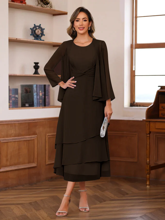 A-Line/Princess Scoop Neck 2 Pcs Tea-Length Plus Size Mother of the Bride Dresses with Ruffles & jacket - Image 31