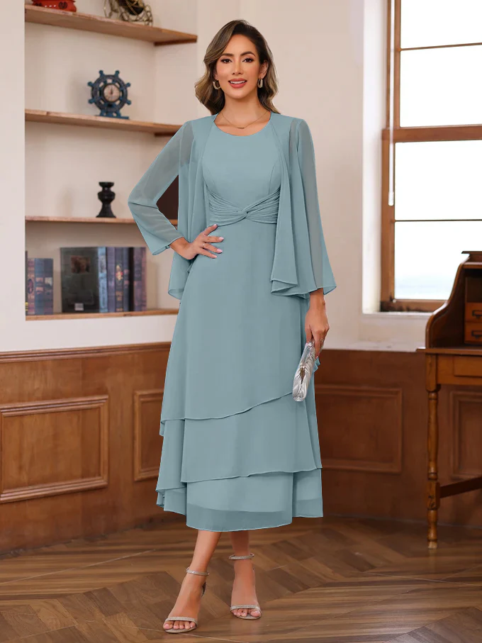 A-Line/Princess Scoop Neck 2 Pcs Tea-Length Plus Size Mother of the Bride Dresses with Ruffles & jacket - Image 35