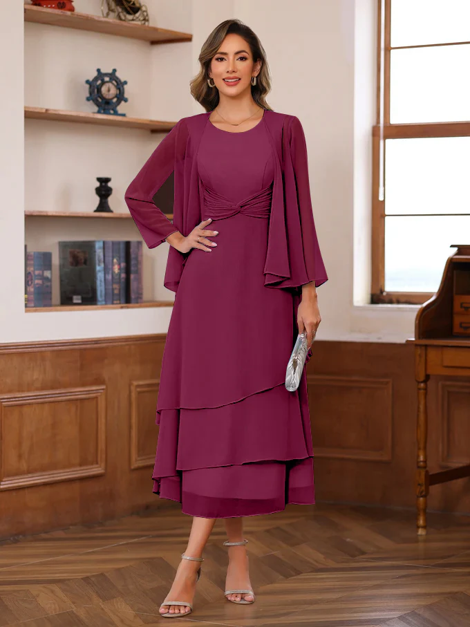 A-Line/Princess Scoop Neck 2 Pcs Tea-Length Plus Size Mother of the Bride Dresses with Ruffles & jacket - Image 45