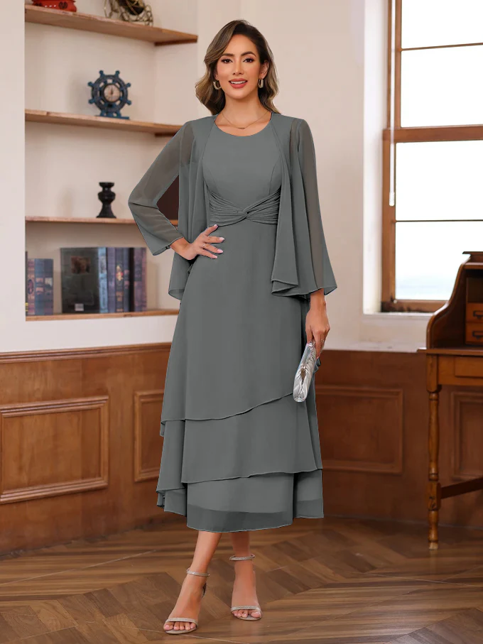 A-Line/Princess Scoop Neck 2 Pcs Tea-Length Plus Size Mother of the Bride Dresses with Ruffles & jacket - Image 52