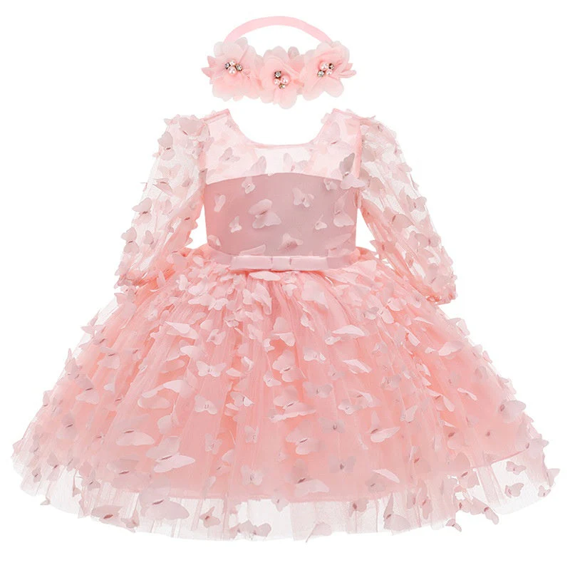 A-Line/Princess Scoop Neck 3/4 Length Sleeves Knee-Length Flower Girl Dress with 3D Butterfly - Image 3