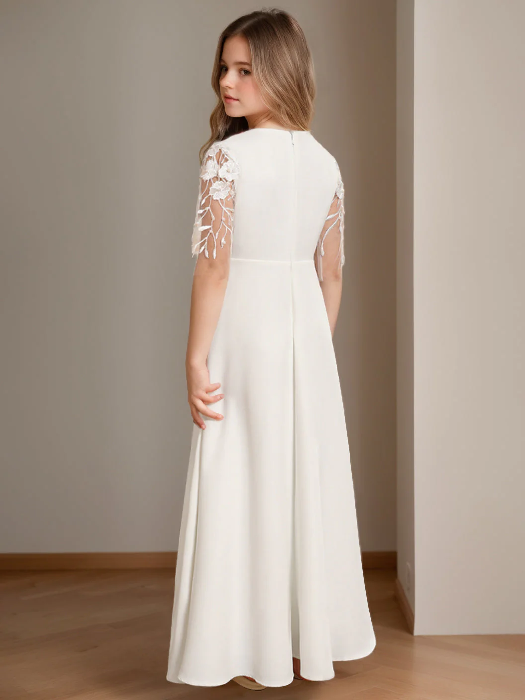A-Line/Princess Scoop Neck Half Sleeves Floor-Length Flower Girl Dress with Lace - Image 2