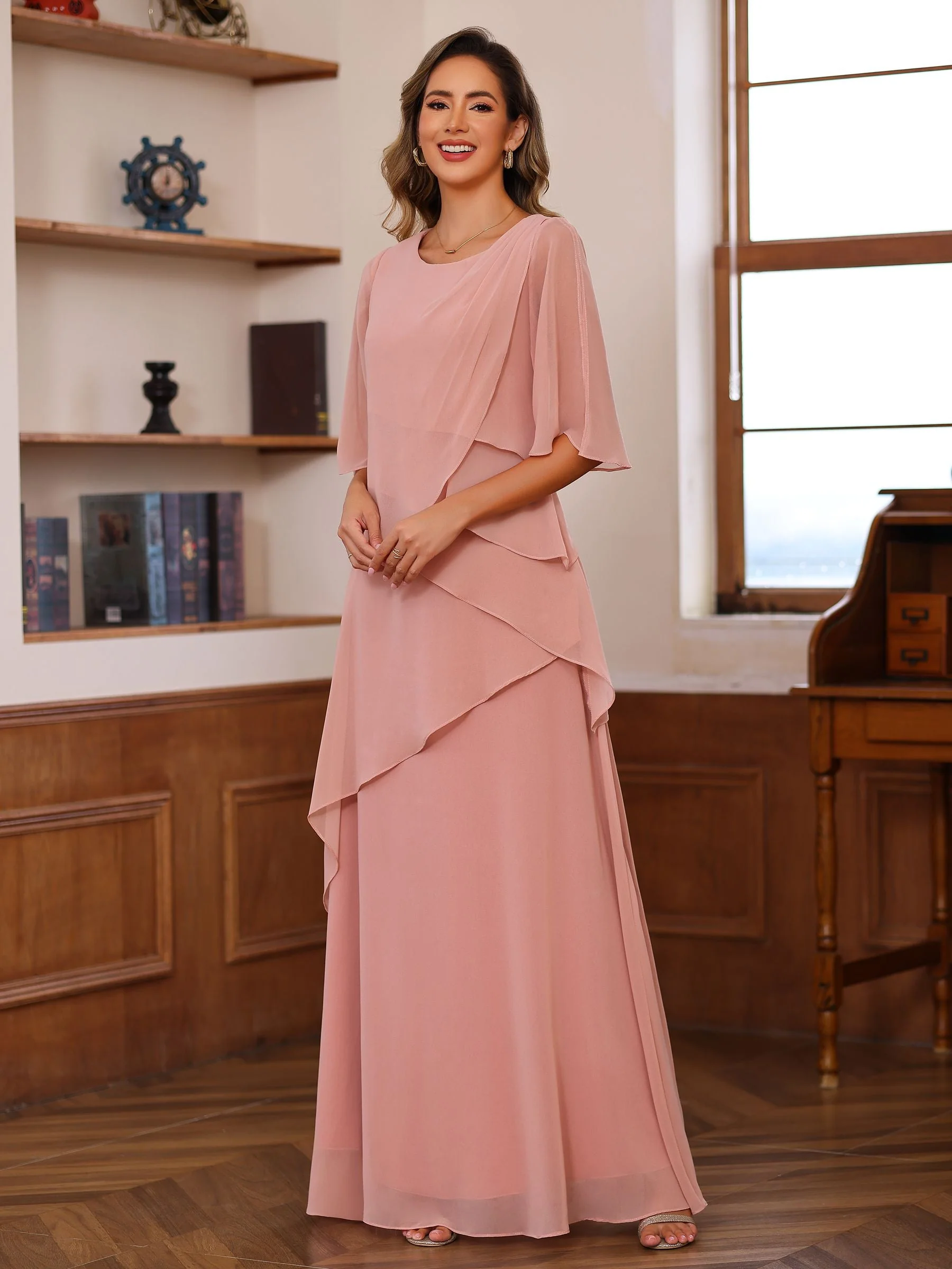 A-Line/Princess Scoop Neck Half Sleeves Floor-Length Mother of the Bride Dresses with Ruffles - Image 3