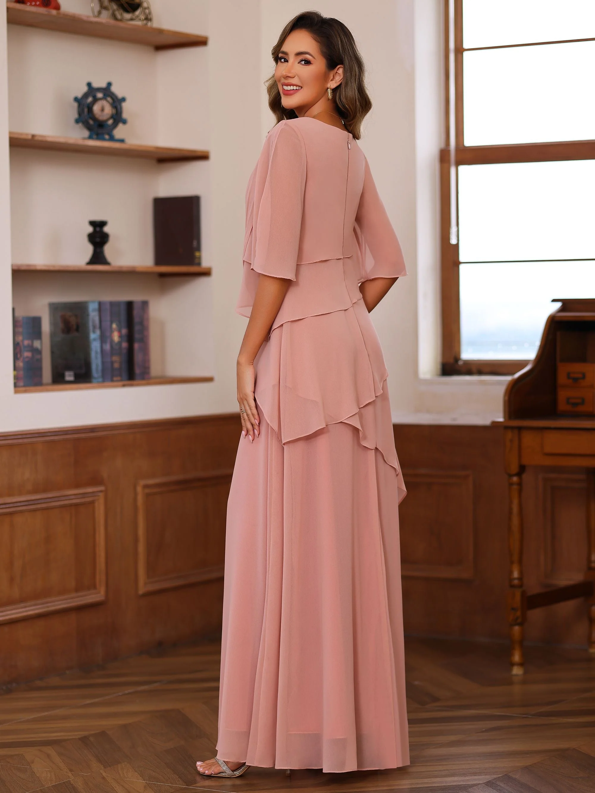 A-Line/Princess Scoop Neck Half Sleeves Floor-Length Mother of the Bride Dresses with Ruffles - Image 4