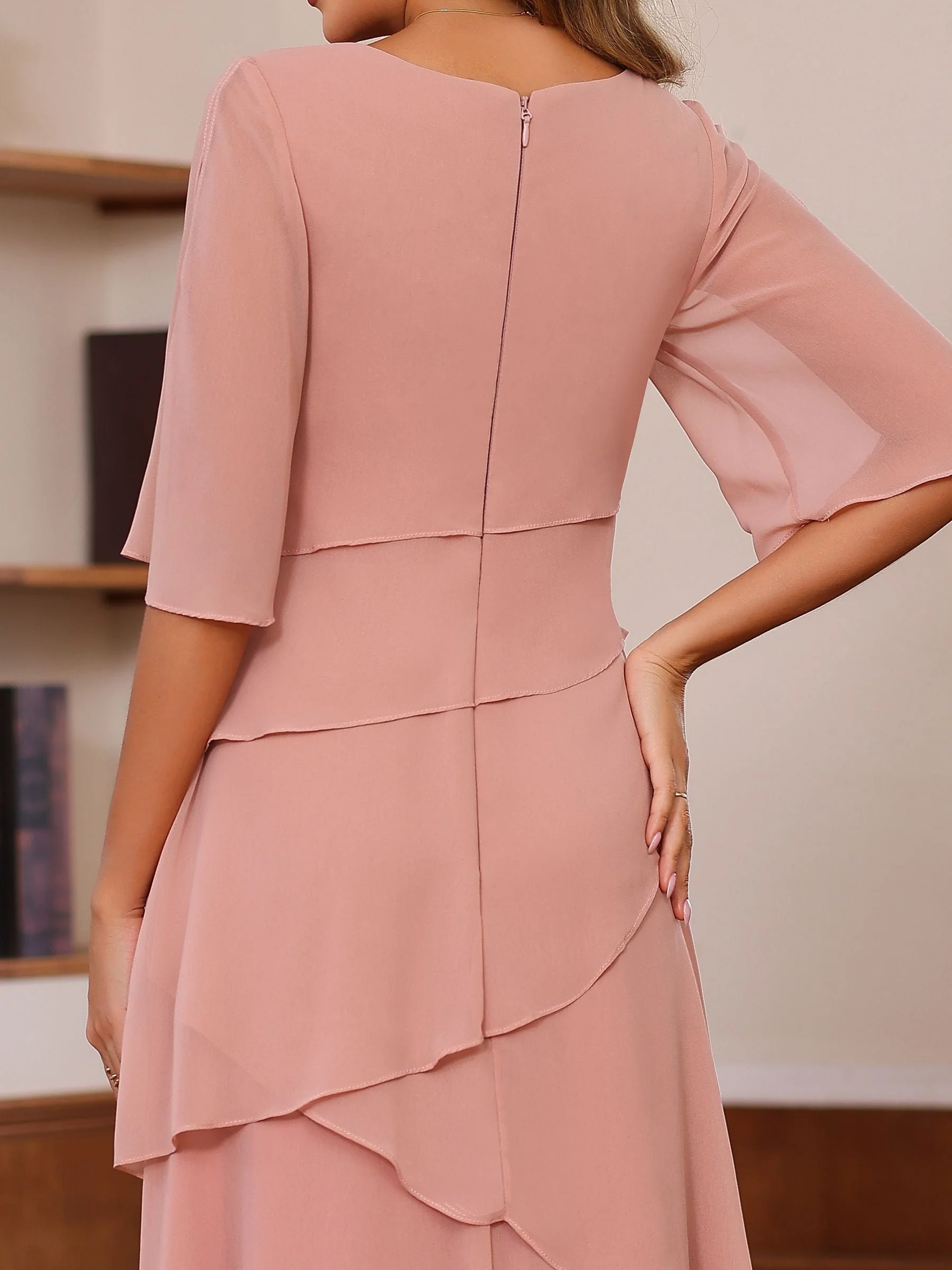 A-Line/Princess Scoop Neck Half Sleeves Floor-Length Mother of the Bride Dresses with Ruffles - Image 6