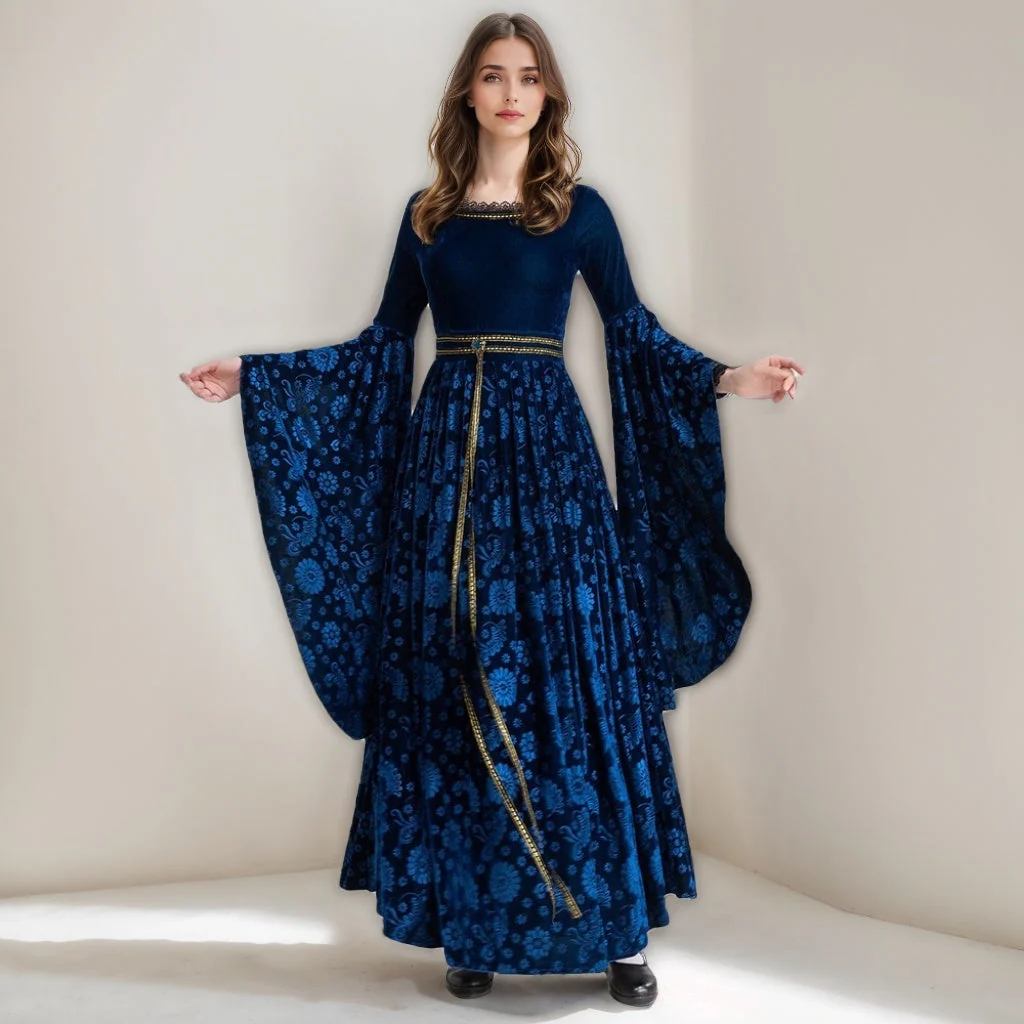 A-Line/Princess Scoop Neck Long Sleeves Ankle-Length Medieval Halloween Court Witch Dress with Cloak - Image 3