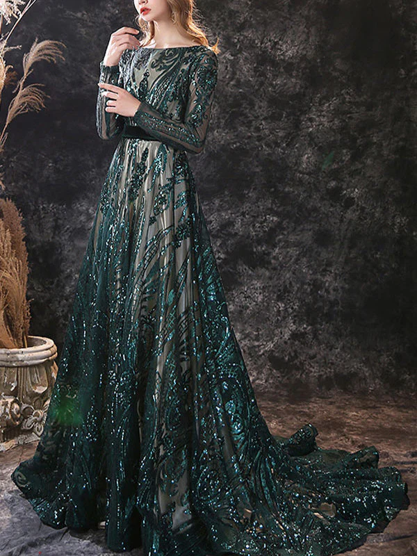A-Line/Princess Scoop Neck Long Sleeves Court Train Evening Dresses With Lace - Image 4