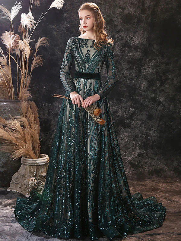 A-Line/Princess Scoop Neck Long Sleeves Court Train Evening Dresses With Lace - Image 7