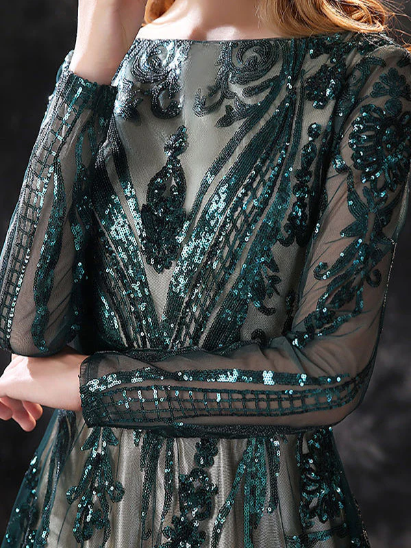 A-Line/Princess Scoop Neck Long Sleeves Court Train Evening Dresses With Lace - Image 8