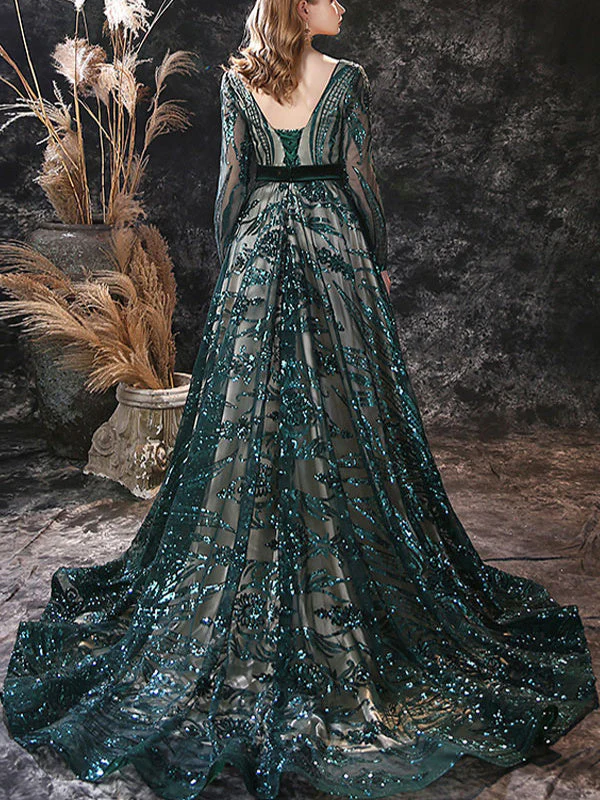 A-Line/Princess Scoop Neck Long Sleeves Court Train Evening Dresses With Lace - Image 9