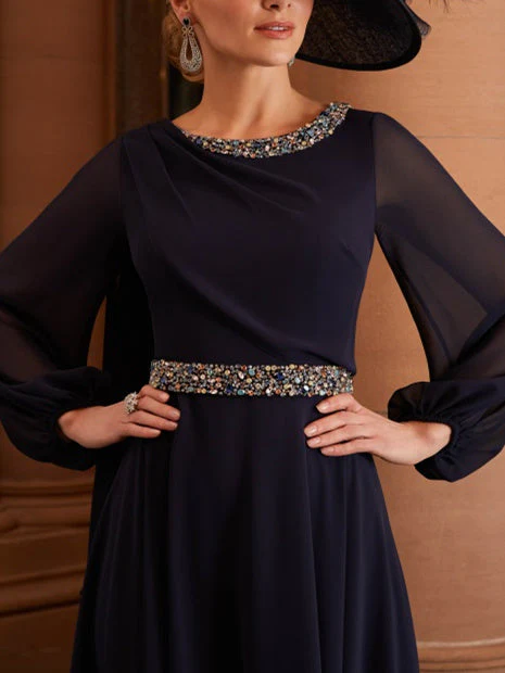 A-Line/Princess Scoop Neck Long Sleeves Tea-Length Mother of the Bride Dresses with Beading - Image 3