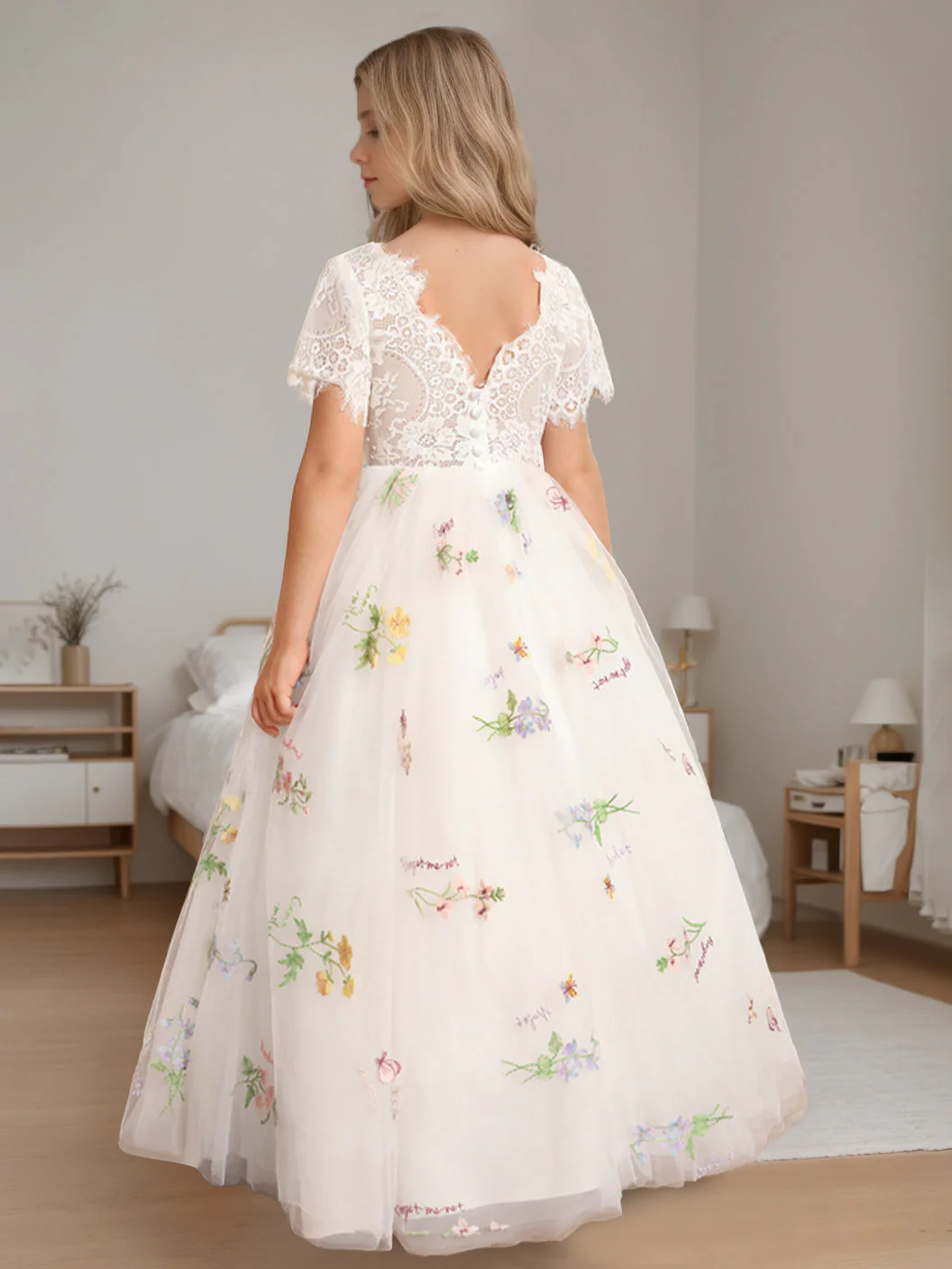 A-Line/Princess Scoop Neck Short Sleeves Floor-Length Flower Girl Dress with Lace - Image 2
