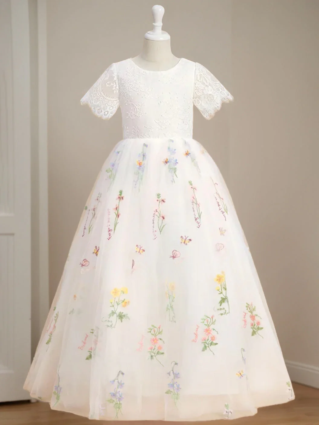 A-Line/Princess Scoop Neck Short Sleeves Floor-Length Flower Girl Dress with Lace - Image 3