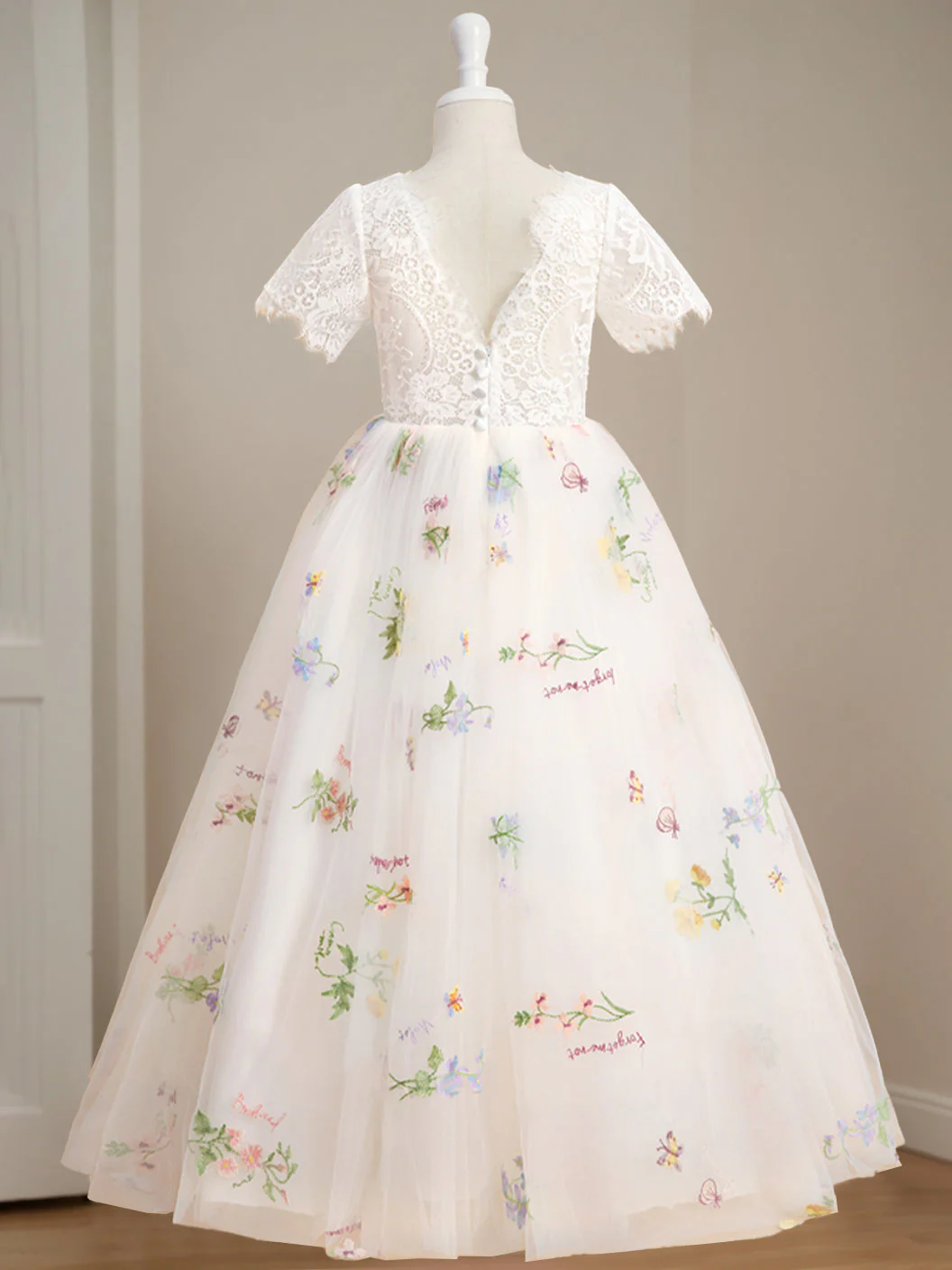 A-Line/Princess Scoop Neck Short Sleeves Floor-Length Flower Girl Dress with Lace - Image 4