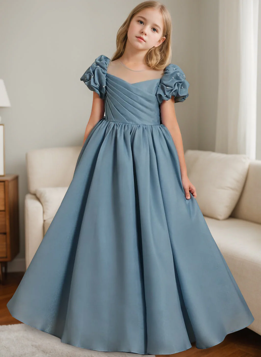 A-Line/Princess Scoop Neck Short Sleeves Floor-Length Flower Girl Dress with Ruffles - Image 2