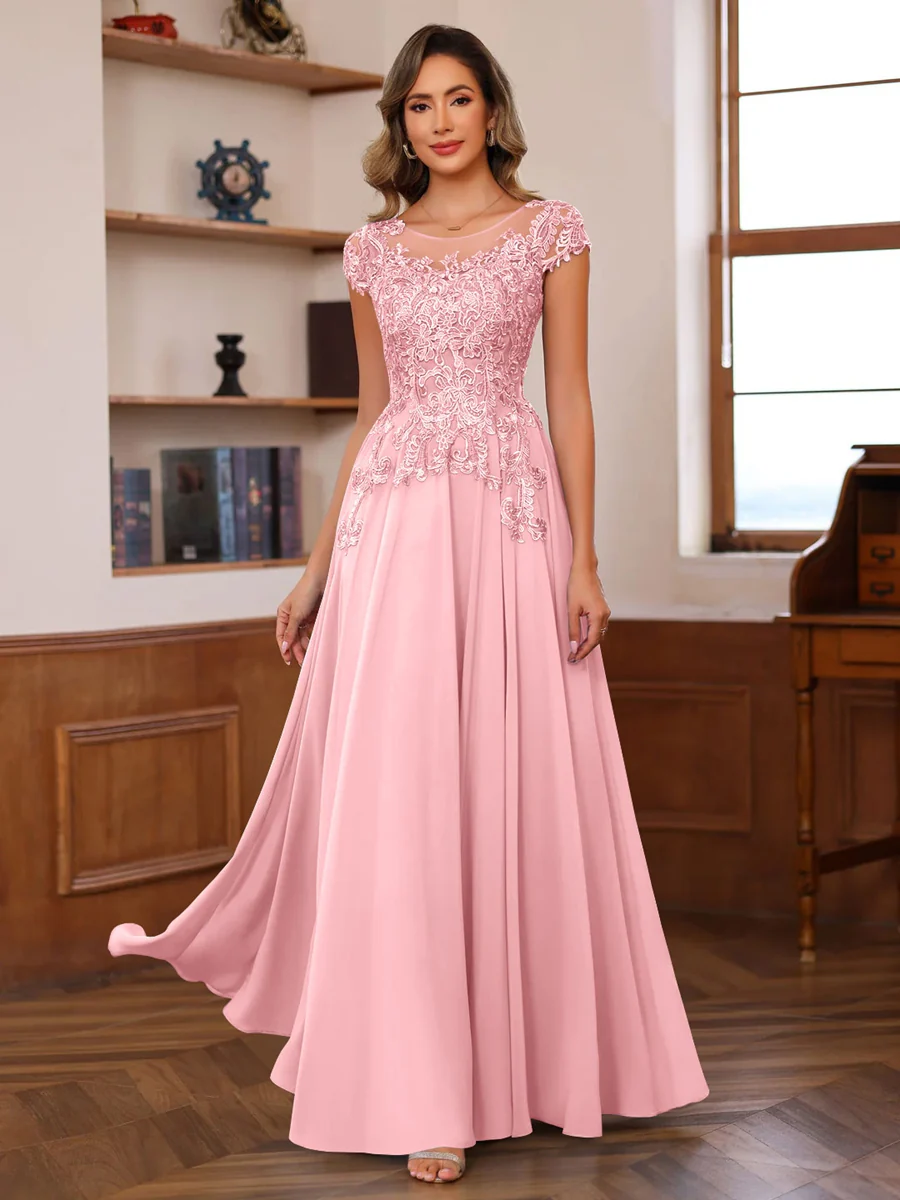 A-Line/Princess Scoop Neck Short Sleeves Floor-Length Mother of the Bride Dresses with Appliques - Image 12