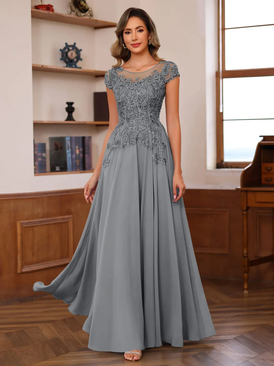 A-Line/Princess Scoop Neck Short Sleeves Floor-Length Mother of the Bride Dresses with Appliques - Image 15