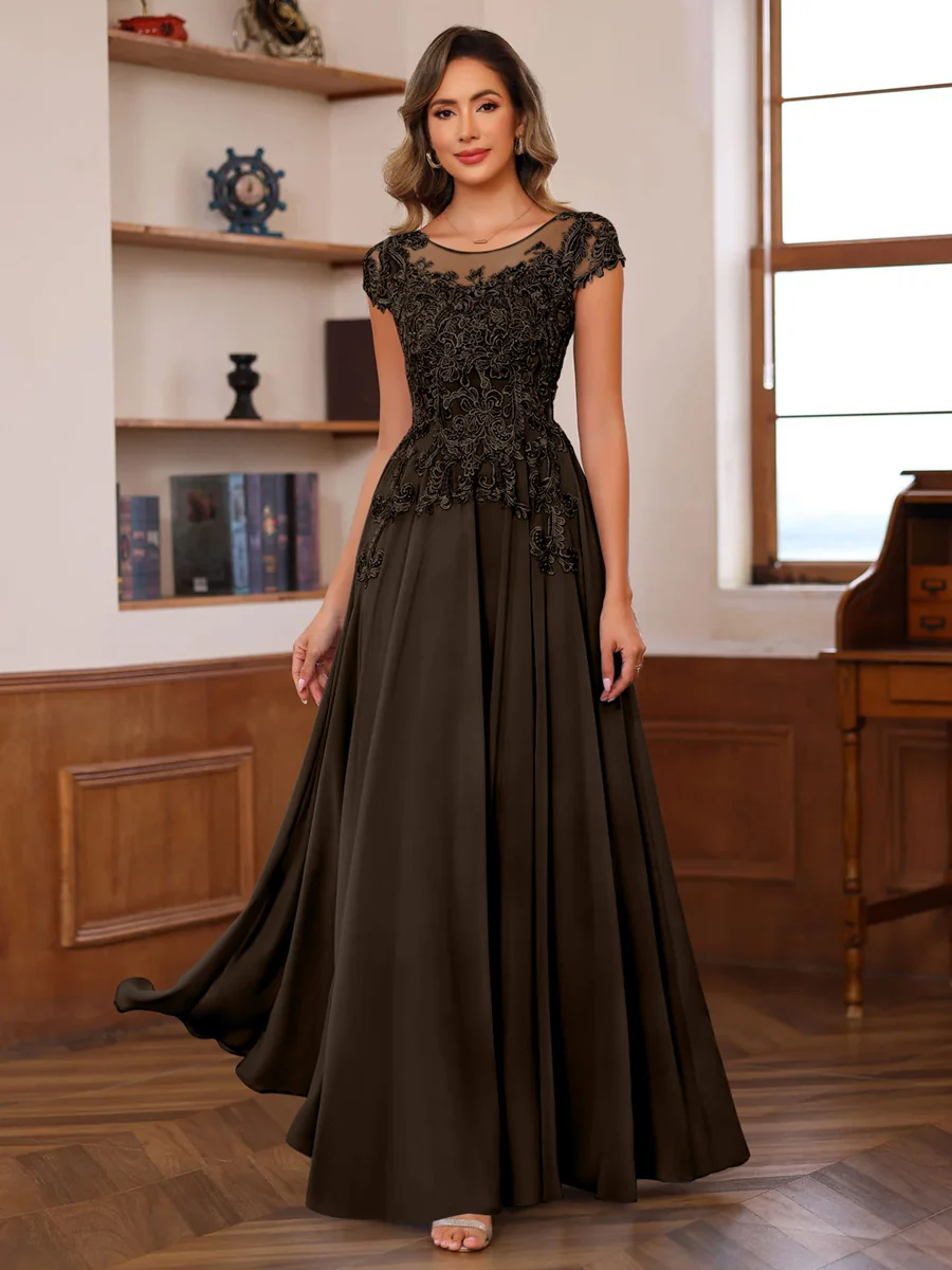 A-Line/Princess Scoop Neck Short Sleeves Floor-Length Mother of the Bride Dresses with Appliques - Image 16