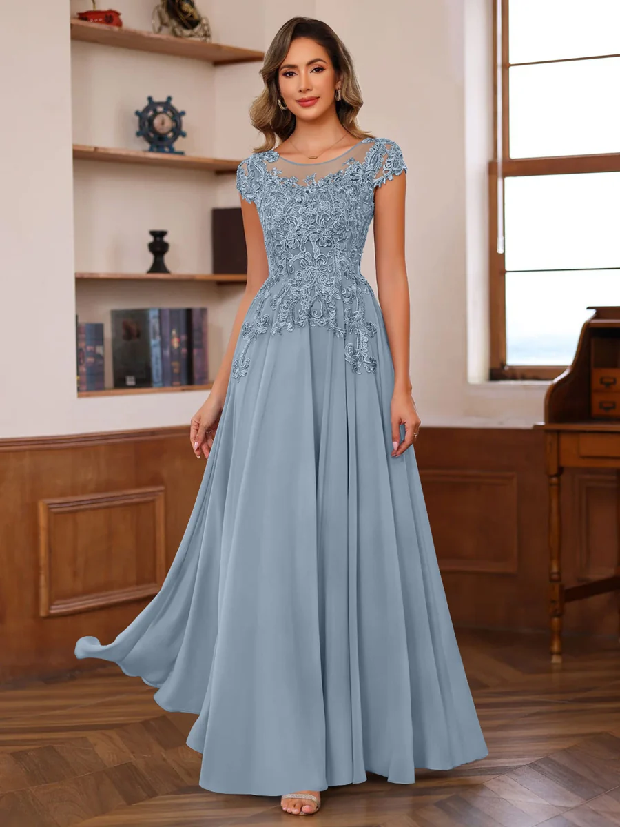 A-Line/Princess Scoop Neck Short Sleeves Floor-Length Mother of the Bride Dresses with Appliques - Image 22