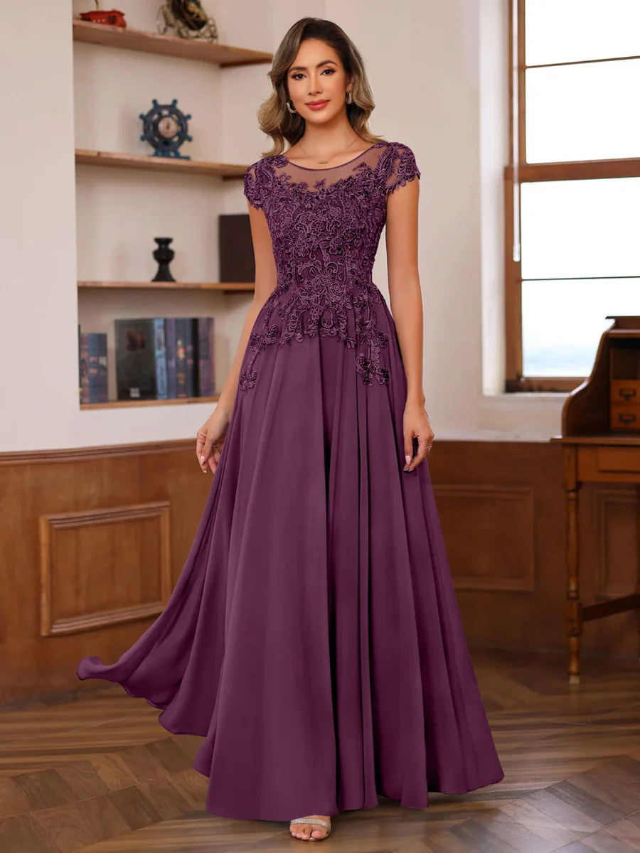 A-Line/Princess Scoop Neck Short Sleeves Floor-Length Mother of the Bride Dresses with Appliques - Image 27