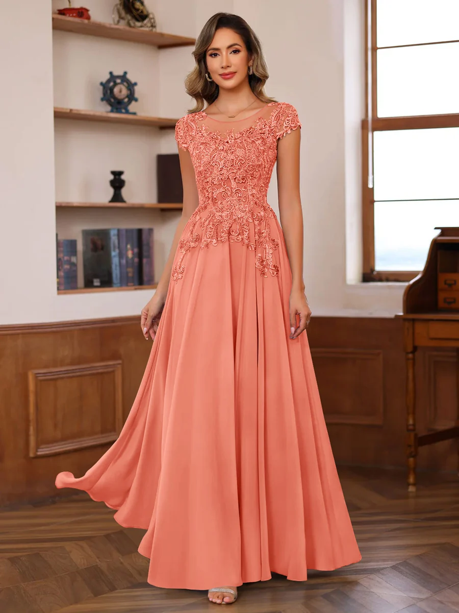 A-Line/Princess Scoop Neck Short Sleeves Floor-Length Mother of the Bride Dresses with Appliques - Image 56