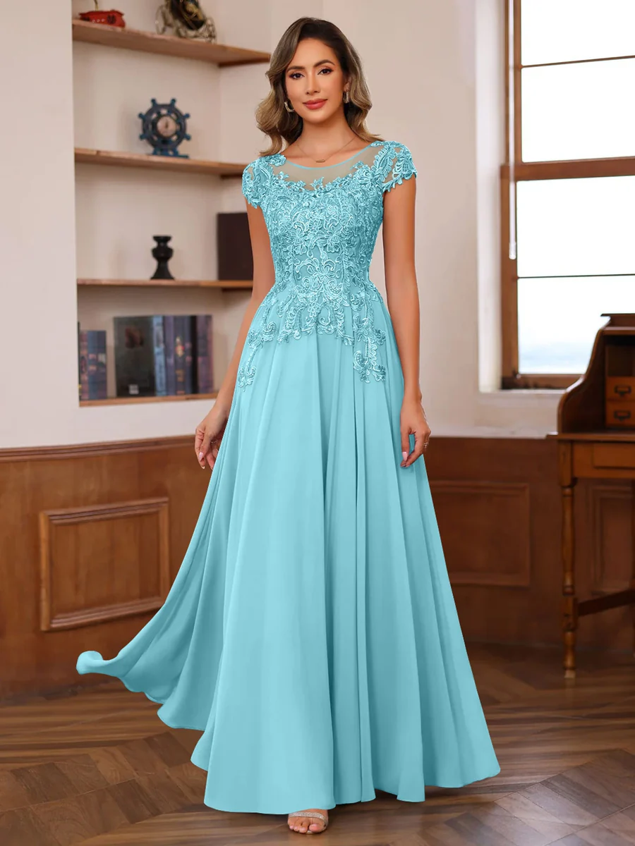 A-Line/Princess Scoop Neck Short Sleeves Floor-Length Mother of the Bride Dresses with Appliques - Image 9