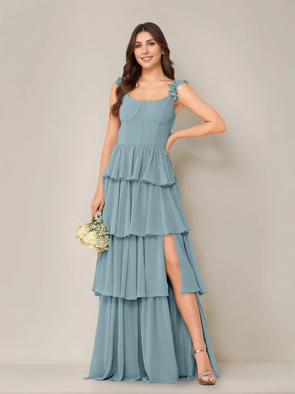 A-Line/Princess Scoop Neck Sleeveless Floor-Length Bridesmaid Dress with Ruffles & Split Side - Image 18