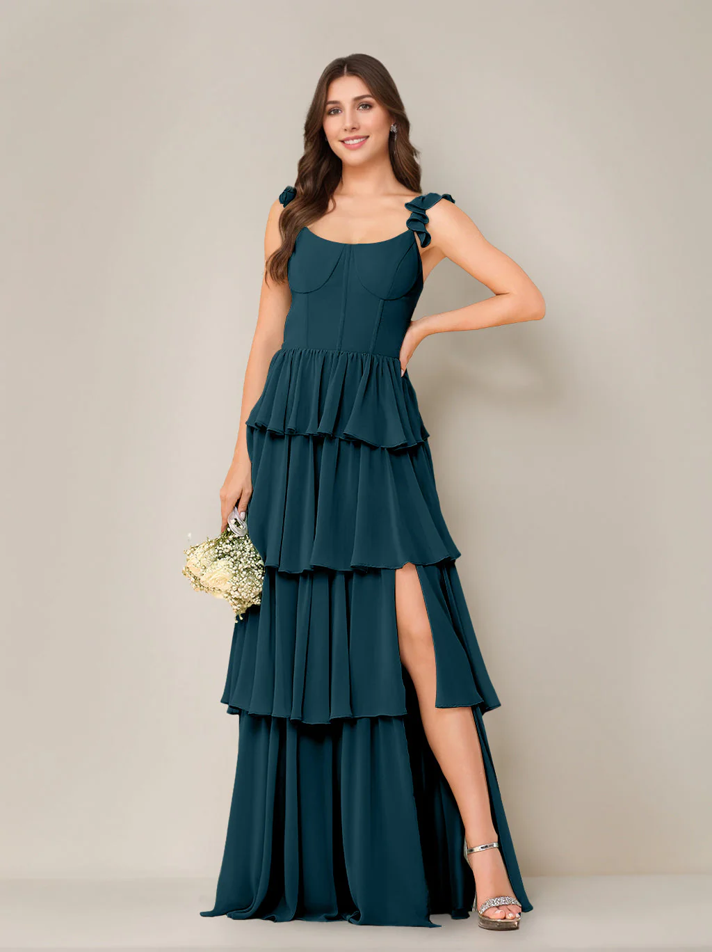 A-Line/Princess Scoop Neck Sleeveless Floor-Length Bridesmaid Dress with Ruffles & Split Side - Image 25