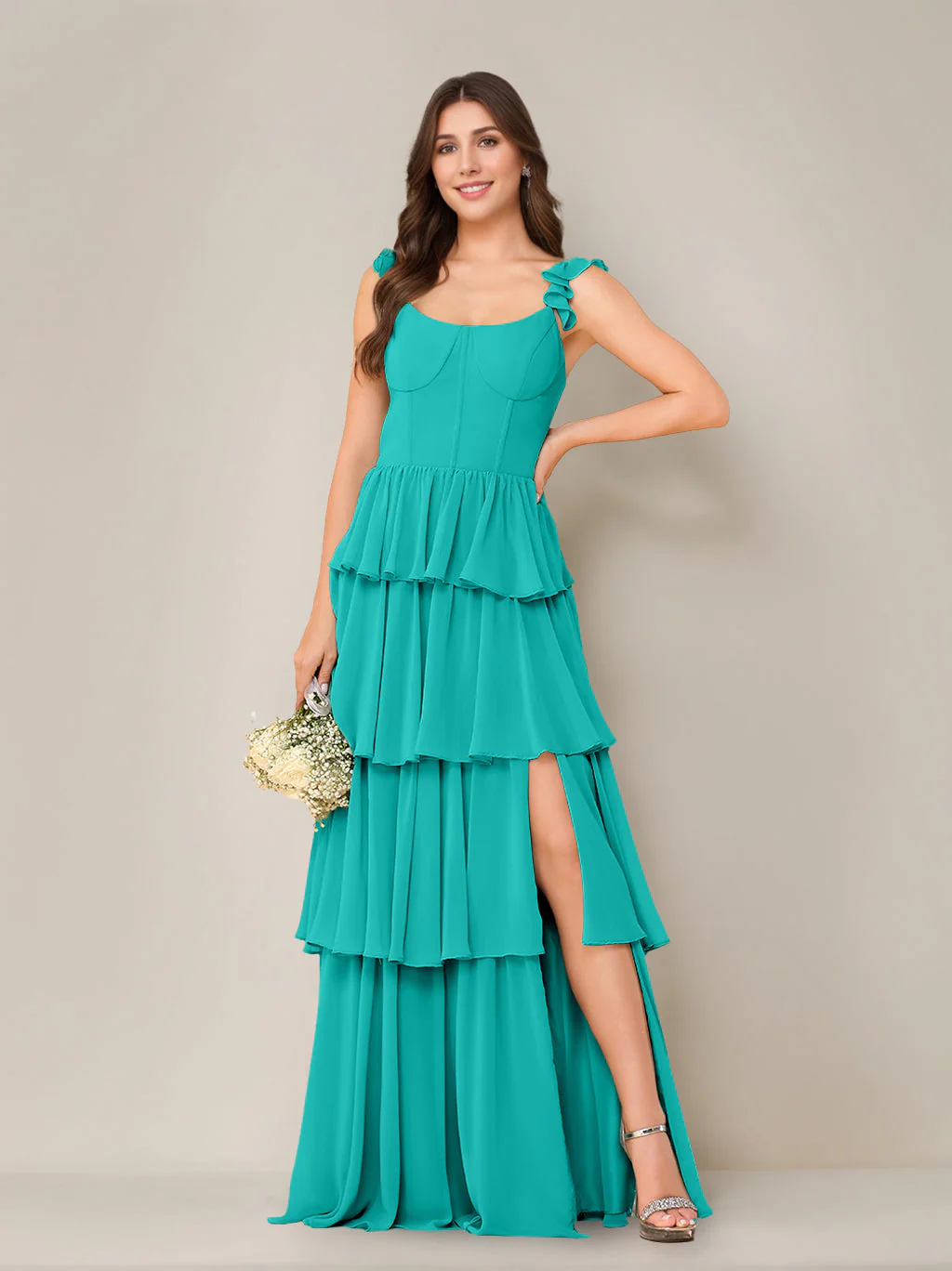 A-Line/Princess Scoop Neck Sleeveless Floor-Length Bridesmaid Dress with Ruffles & Split Side - Image 41