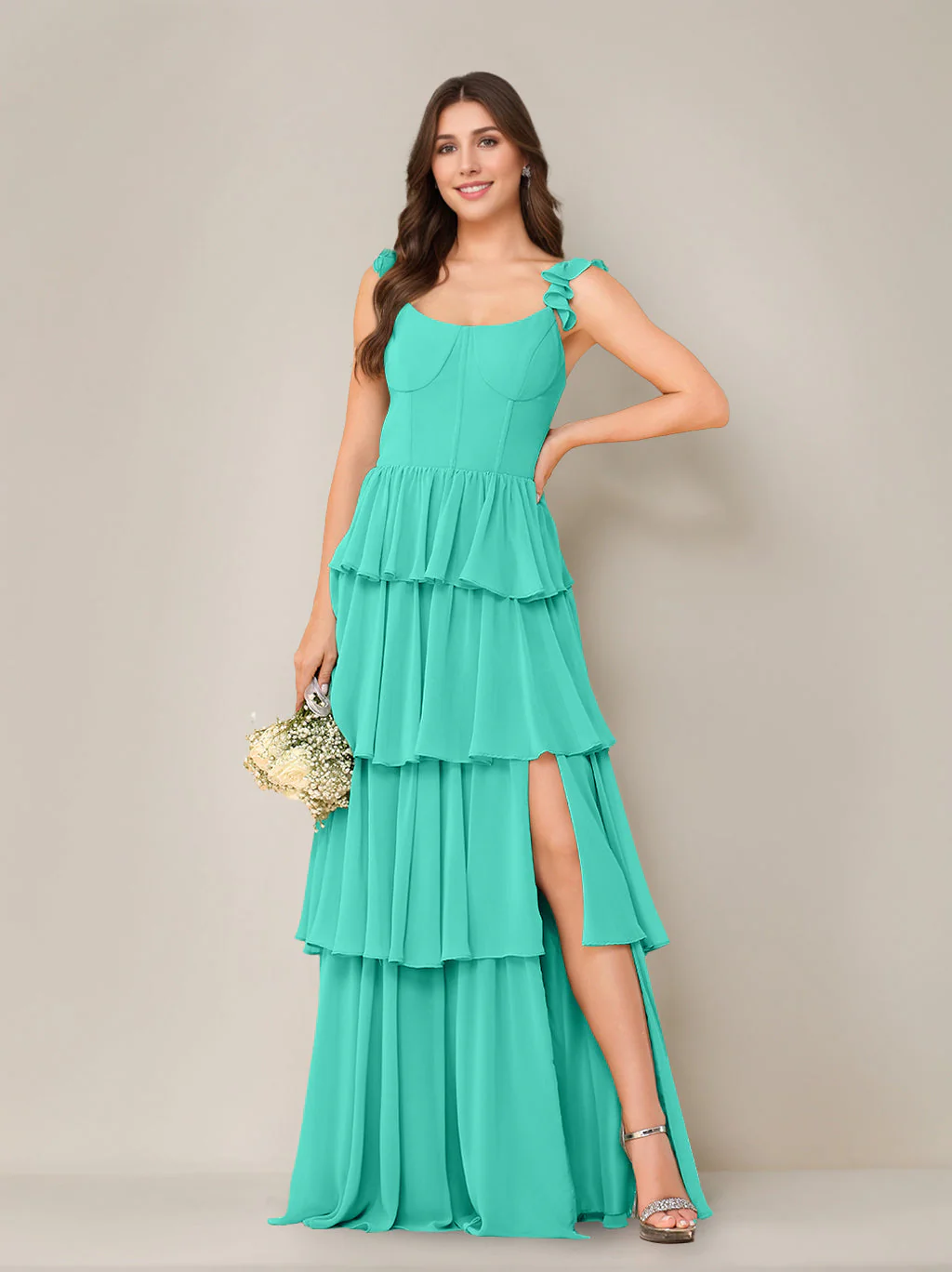 A-Line/Princess Scoop Neck Sleeveless Floor-Length Bridesmaid Dress with Ruffles & Split Side - Image 48