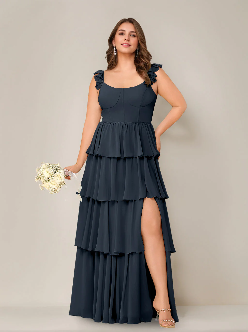 A-Line/Princess Scoop Neck Sleeveless Floor-Length Plus Size Bridesmaid Dress with Ruffles & Split Side - Image 32