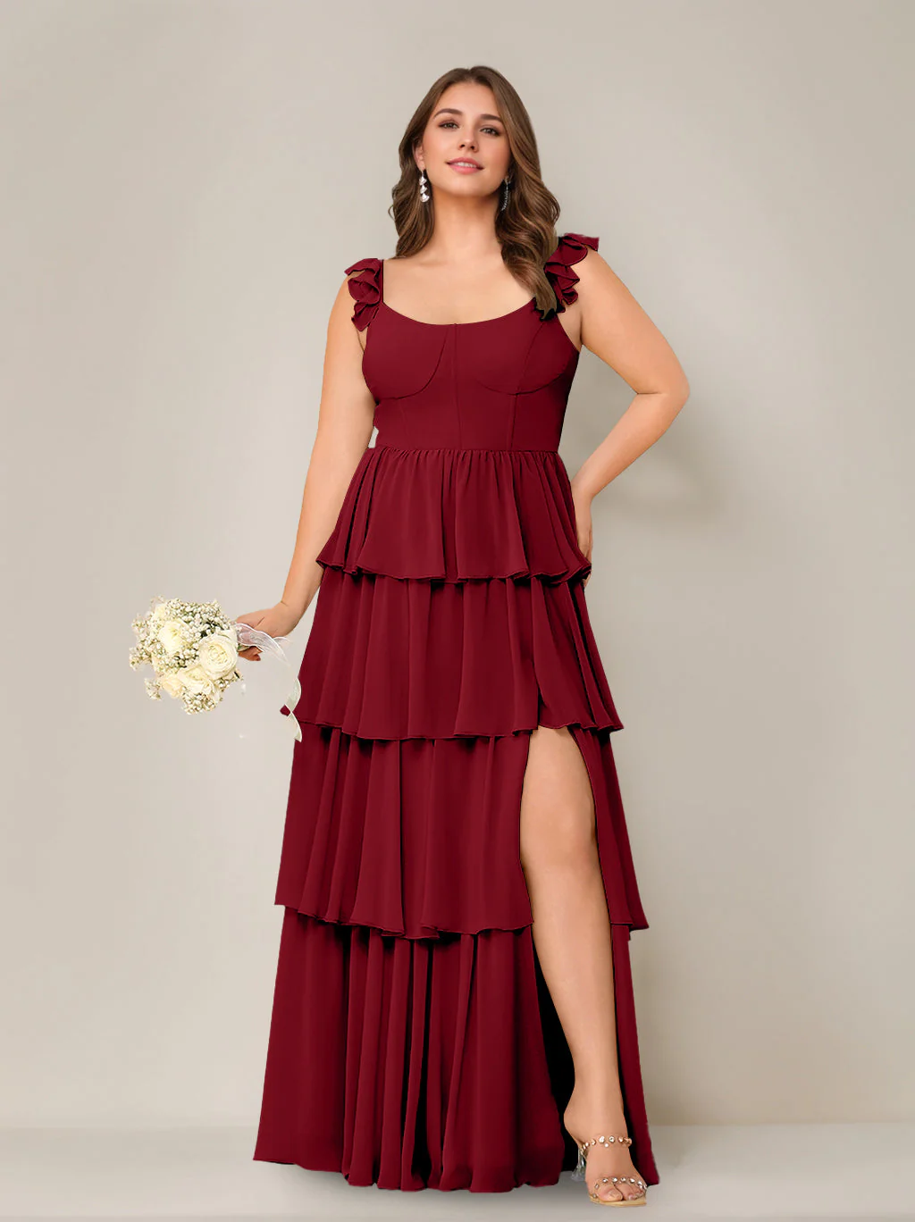 A-Line/Princess Scoop Neck Sleeveless Floor-Length Plus Size Bridesmaid Dress with Ruffles & Split Side - Image 53