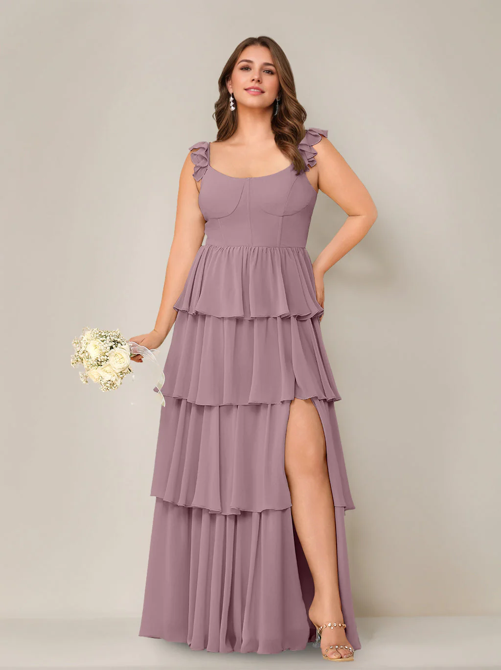 A-Line/Princess Scoop Neck Sleeveless Floor-Length Plus Size Bridesmaid Dress with Ruffles & Split Side - Image 54