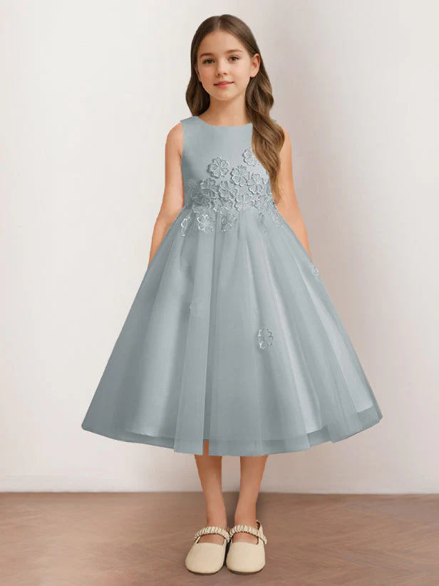 A-Line/Princess Scoop Neck Sleeveless Tea-Length Flower Girl Dress with Appliques - Image 10