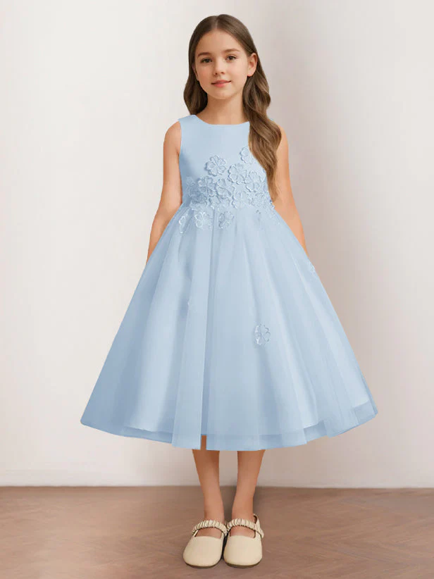 A-Line/Princess Scoop Neck Sleeveless Tea-Length Flower Girl Dress with Appliques - Image 11