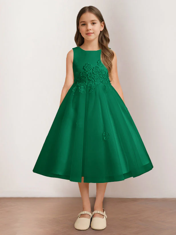 A-Line/Princess Scoop Neck Sleeveless Tea-Length Flower Girl Dress with Appliques - Image 12