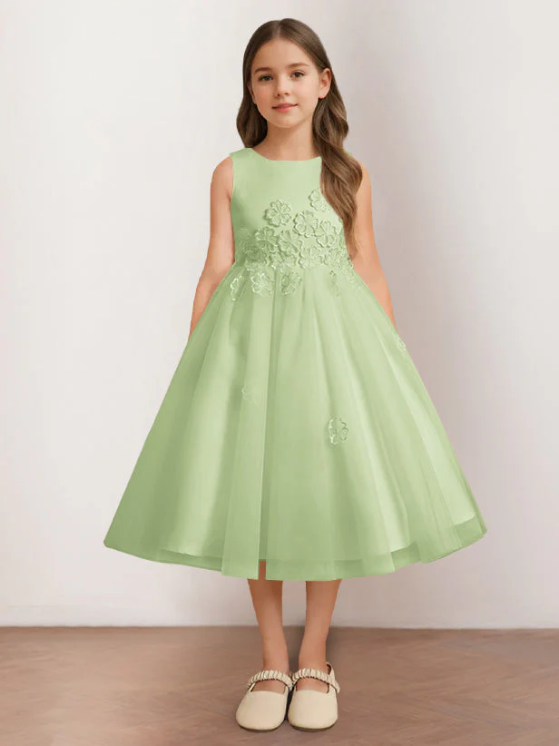 A-Line/Princess Scoop Neck Sleeveless Tea-Length Flower Girl Dress with Appliques - Image 13