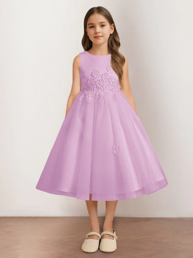 A-Line/Princess Scoop Neck Sleeveless Tea-Length Flower Girl Dress with Appliques - Image 14