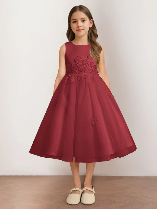 A-Line/Princess Scoop Neck Sleeveless Tea-Length Flower Girl Dress with Appliques - Image 15