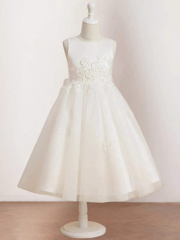 A-Line/Princess Scoop Neck Sleeveless Tea-Length Flower Girl Dress with Appliques - Image 3