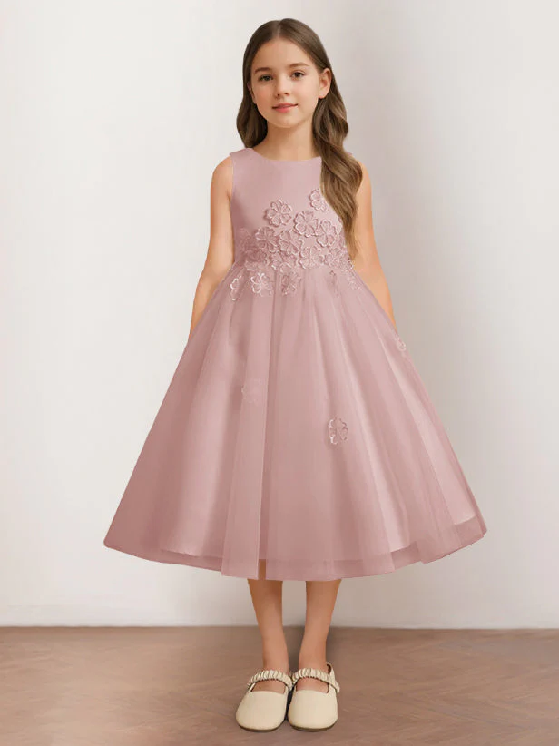 A-Line/Princess Scoop Neck Sleeveless Tea-Length Flower Girl Dress with Appliques - Image 6