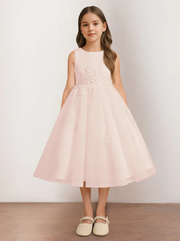 A-Line/Princess Scoop Neck Sleeveless Tea-Length Flower Girl Dress with Appliques - Image 8